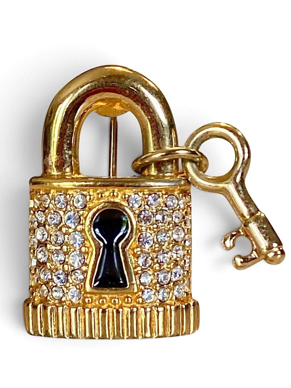 Vintage 90s Swarovski Crystal Lock & Key Brooch Gold Tone Enamel Pin